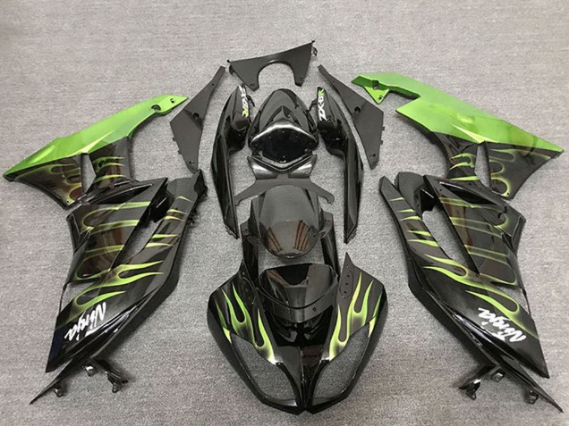 Carenado Moto Kawasaki ZX6R 2009-2012 - Negro Brillante Verde Llama