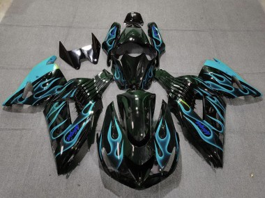Carenado Moto Kawasaki ZX14R 2006-2011 - Negro Brillante Azul Claro Llama