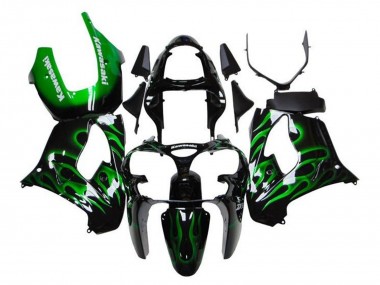 Carenado Moto Kawasaki ZX9R 2000-2001 - Negro Brillante Verde Llama Blanco
