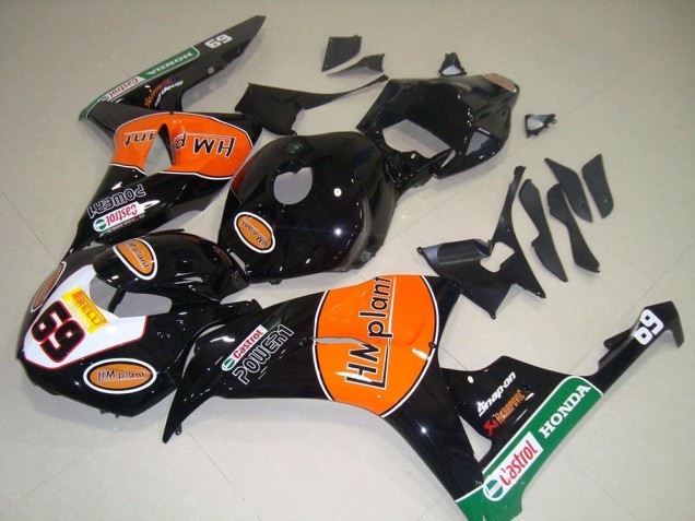 Carenado Moto Honda CBR1000RR 2006-2007 - Negro Brillante Naranja Verde Hm Plant Carrera 69