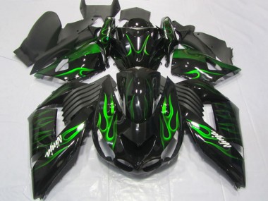 Carenado Moto Kawasaki ZX14R ZZR1400 2006-2011 - Negro Brillante Verde Llama